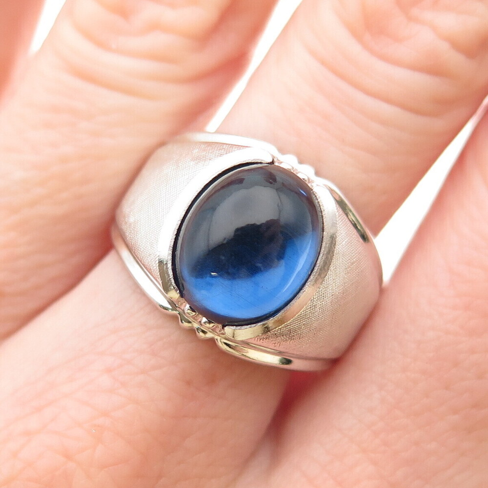 Clark & Coombs 925 Sterling Silver Antique Art Deco Blue Glass Ring Size 10.25